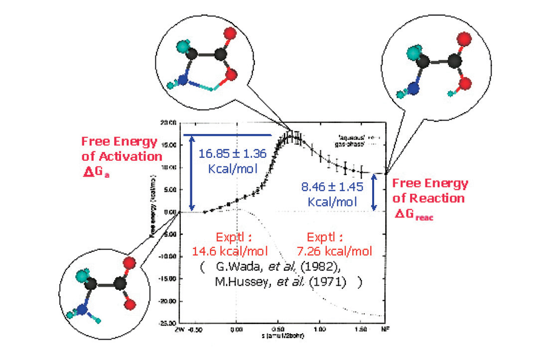 Figure : Free energy diagram of the isomerization reaction of glycine molecule in aqueous solution Figure : Free energy diagram of the isomerization reaction of glycine molecule in aqueous solution